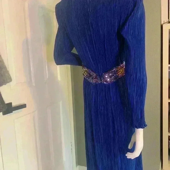Nuit Vintage 80s Crepe Dress 10 Sequin Wasp Belt Blue Longsleeve Cocktail Formal - Picture 12 of 13
